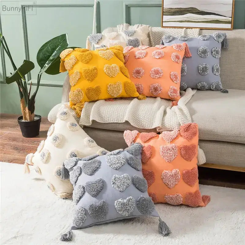 Orange & grey heart embroidery cushion cover living room tassels