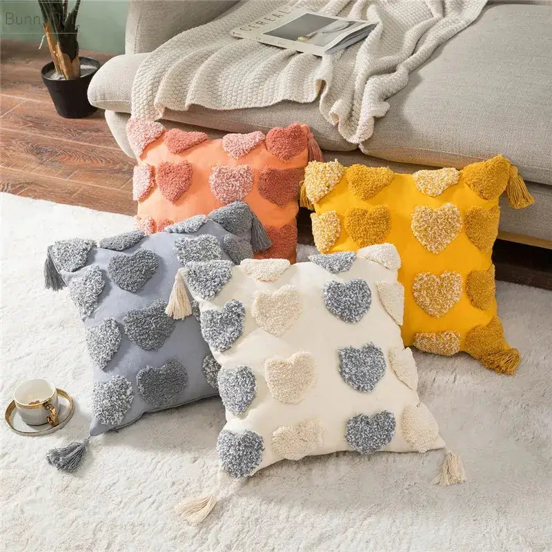 Orange & grey heart embroidery cushion cover living room tassels