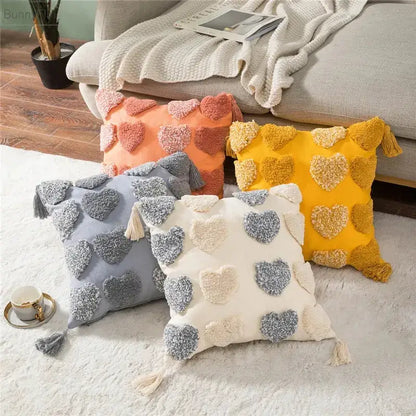 Orange & grey heart embroidery cushion cover living room tassels
