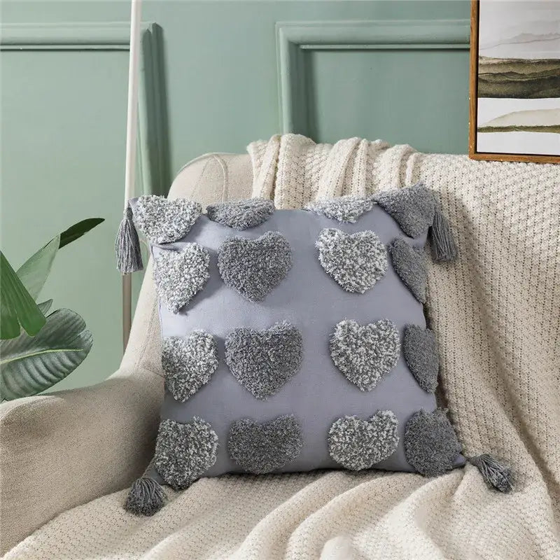 Orange & grey heart embroidery cushion cover living room tassels