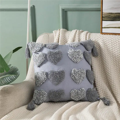 Orange & grey heart embroidery cushion cover living room tassels