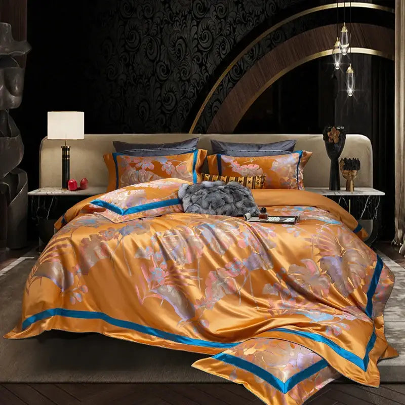 Orchid golden orange & teal egyptian cotton silk bedding set bedroom