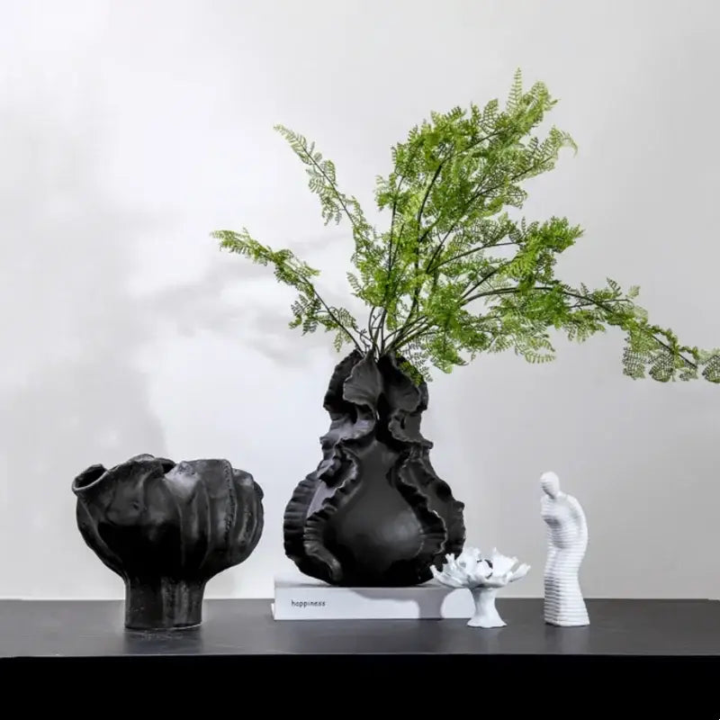 Organic black ceramic wavy flower vase living room decor storage