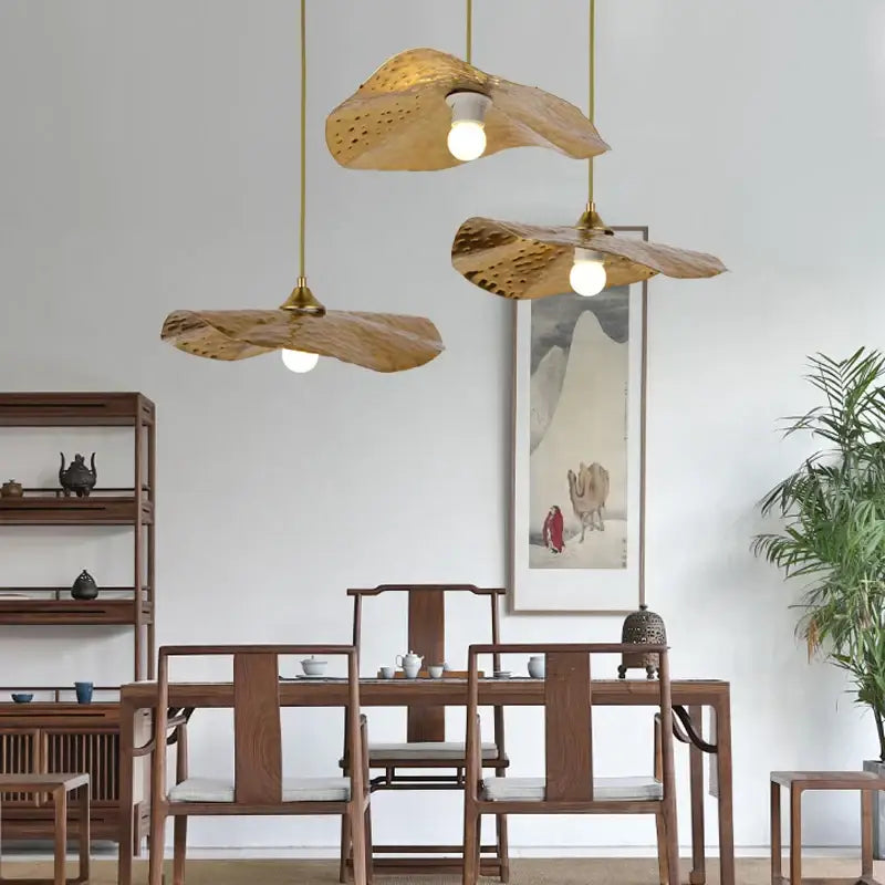 Organic golden iron lotus leaf pendant light for dining room