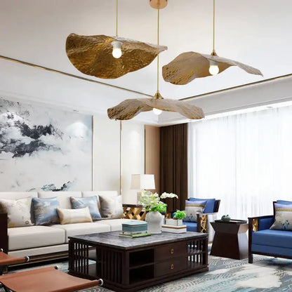 Organic golden iron lotus leaf pendant light for dining room