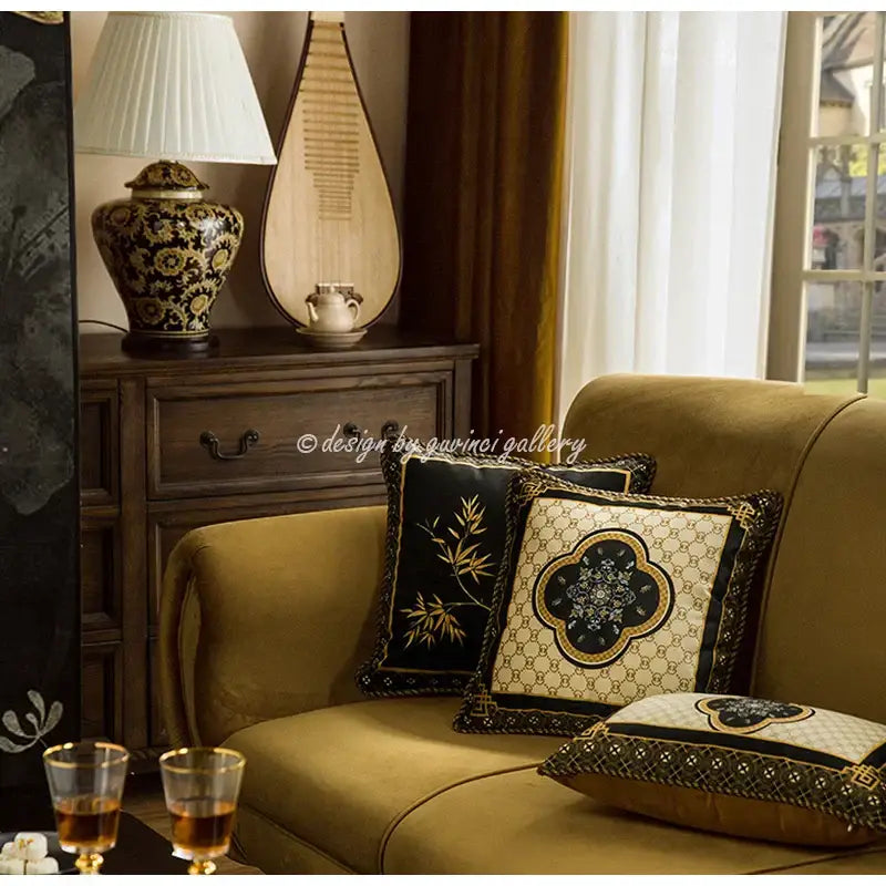 Oriental bamboo black gold pillow covers living room decor