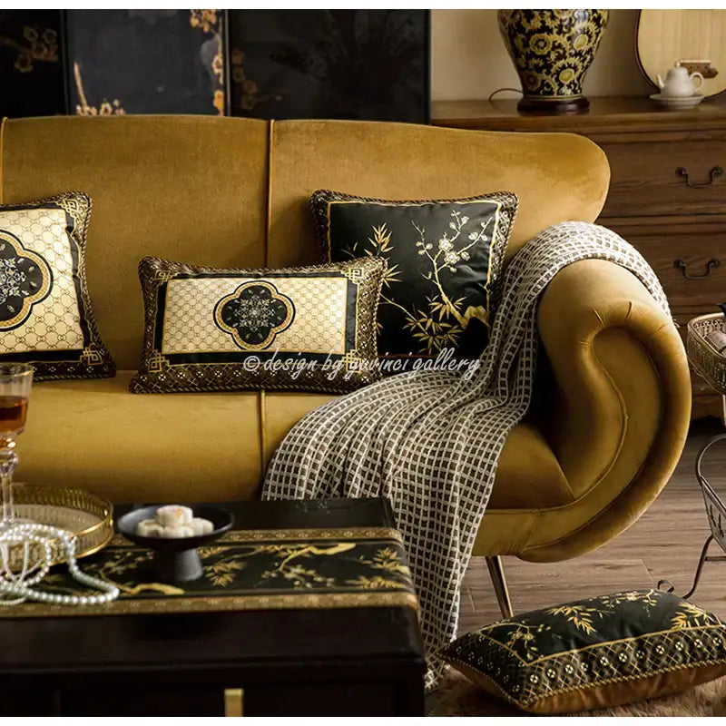 Oriental bamboo black gold pillow covers living room decor