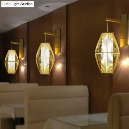 Oriental bamboo woven wall lamp – bedroom beige e26 e27 sconce