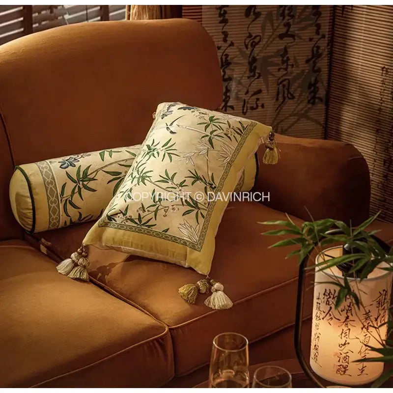 Oriental beige autum orchid velvet lumbar pillow cover bedroom decor