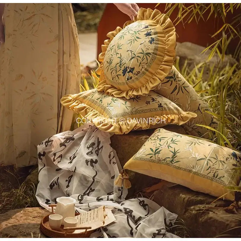 Oriental beige autum orchid velvet lumbar pillow cover bedroom decor