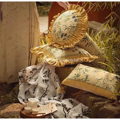 Oriental beige autum orchid velvet lumbar pillow cover bedroom decor