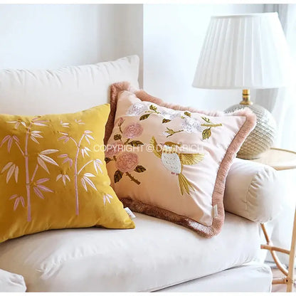 Oriental olive green bamboo embroidered fringed pillow cover bedroom