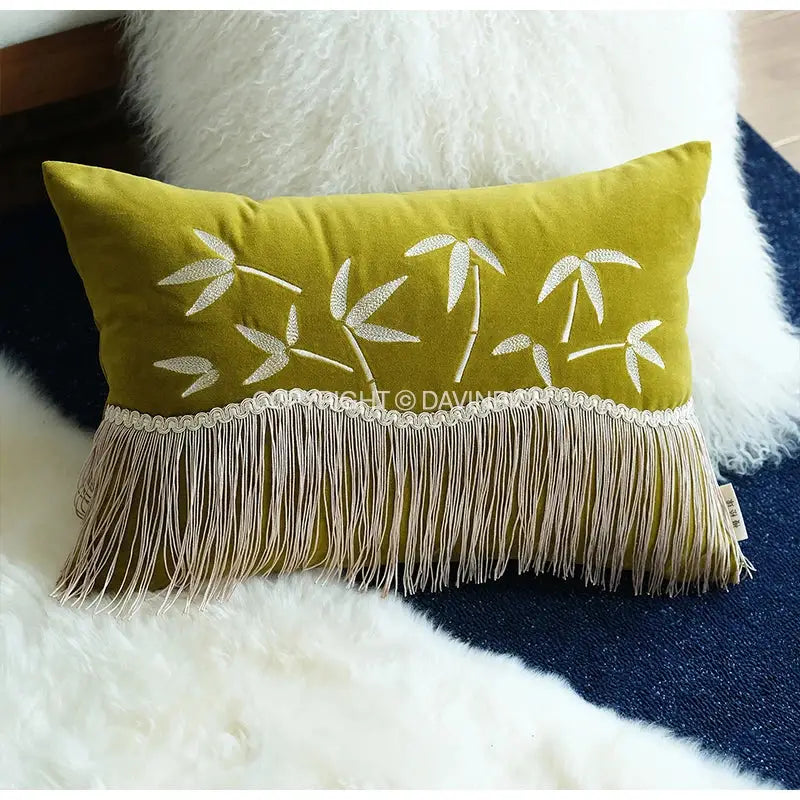 Oriental olive green bamboo embroidered fringed pillow cover bedroom