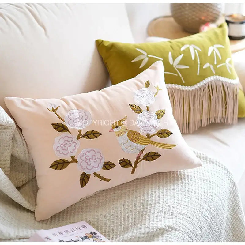Oriental olive green bamboo embroidered fringed pillow cover bedroom