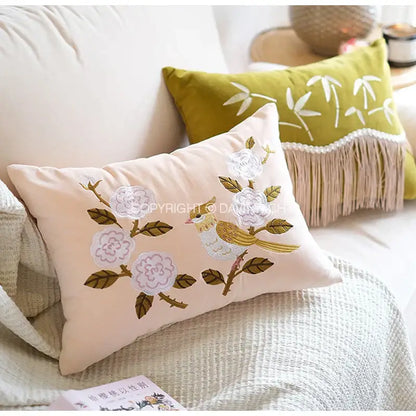 Oriental olive green bamboo embroidered fringed pillow cover bedroom