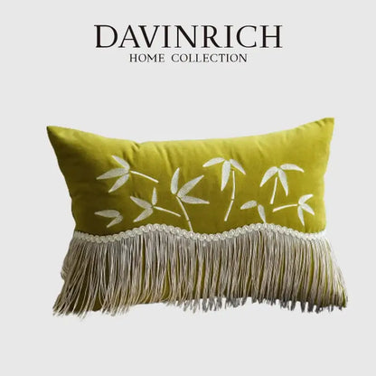 Oriental olive green bamboo embroidered fringed pillow cover bedroom