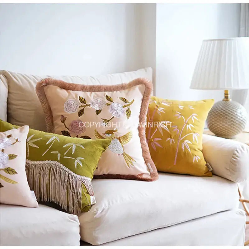 Oriental olive green bamboo embroidered fringed pillow cover bedroom