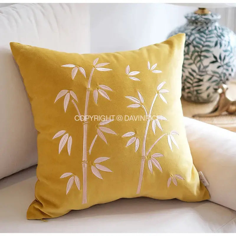 Oriental olive green bamboo embroidered fringed pillow cover bedroom