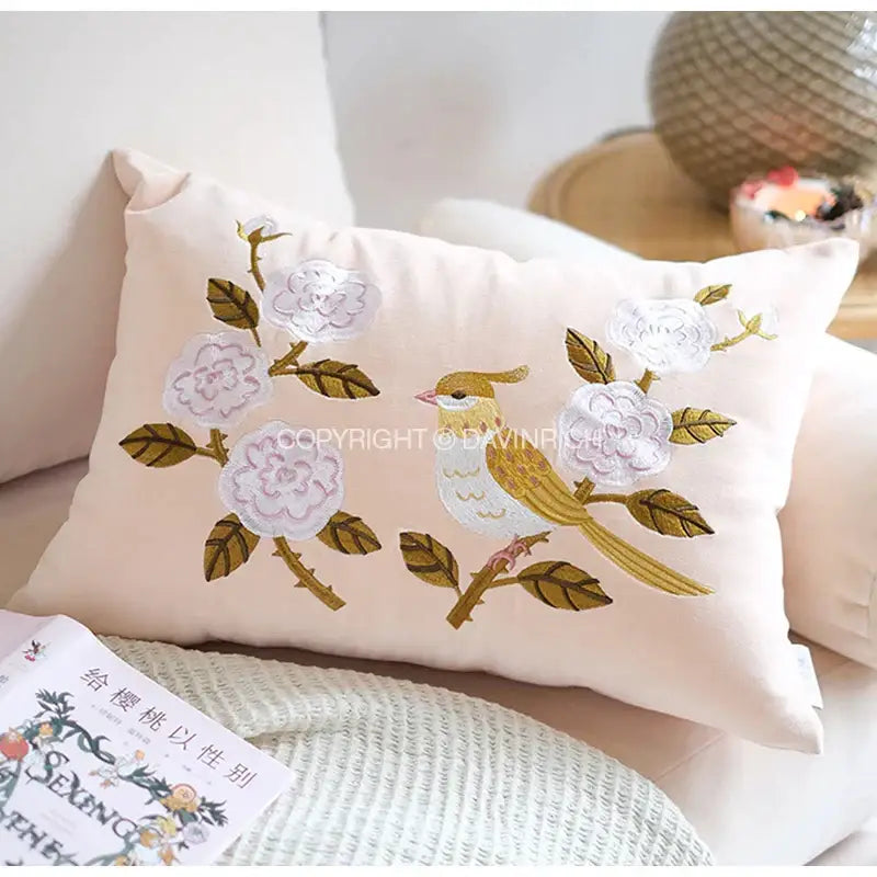Oriental olive green bamboo embroidered fringed pillow cover bedroom