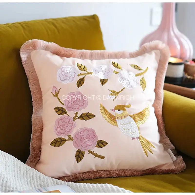 Oriental olive green bamboo embroidered fringed pillow cover bedroom