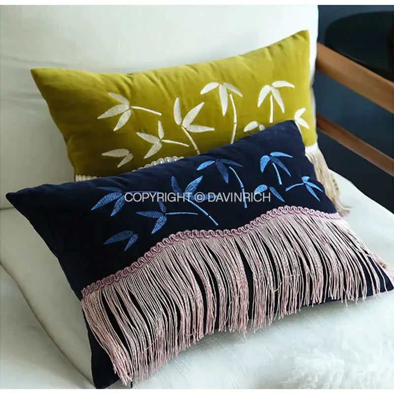 Oriental olive green bamboo embroidered fringed pillow cover bedroom