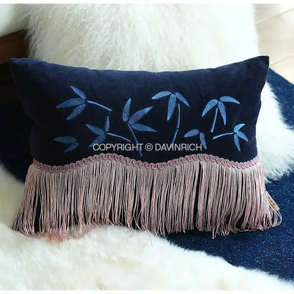 Oriental olive green bamboo embroidered fringed pillow cover bedroom