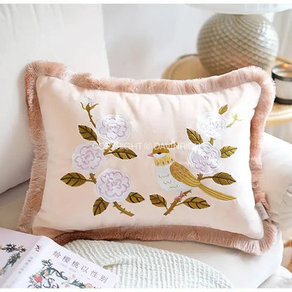 Oriental olive green bamboo embroidered fringed pillow cover bedroom
