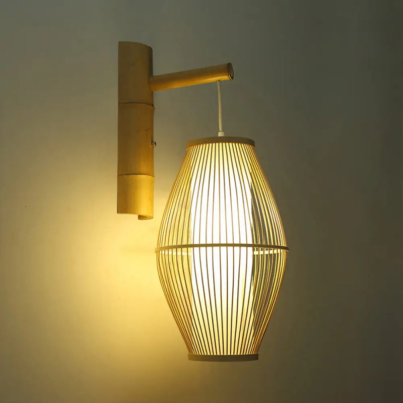 DecorBites™ Oriental Oval Wall Light Sconce with Bamboo Lantern Design - 1-Light Beige Wall Lamp