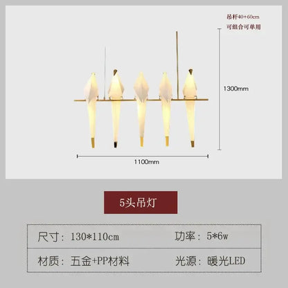 Origami crane bird design led pendant light dining room white gold