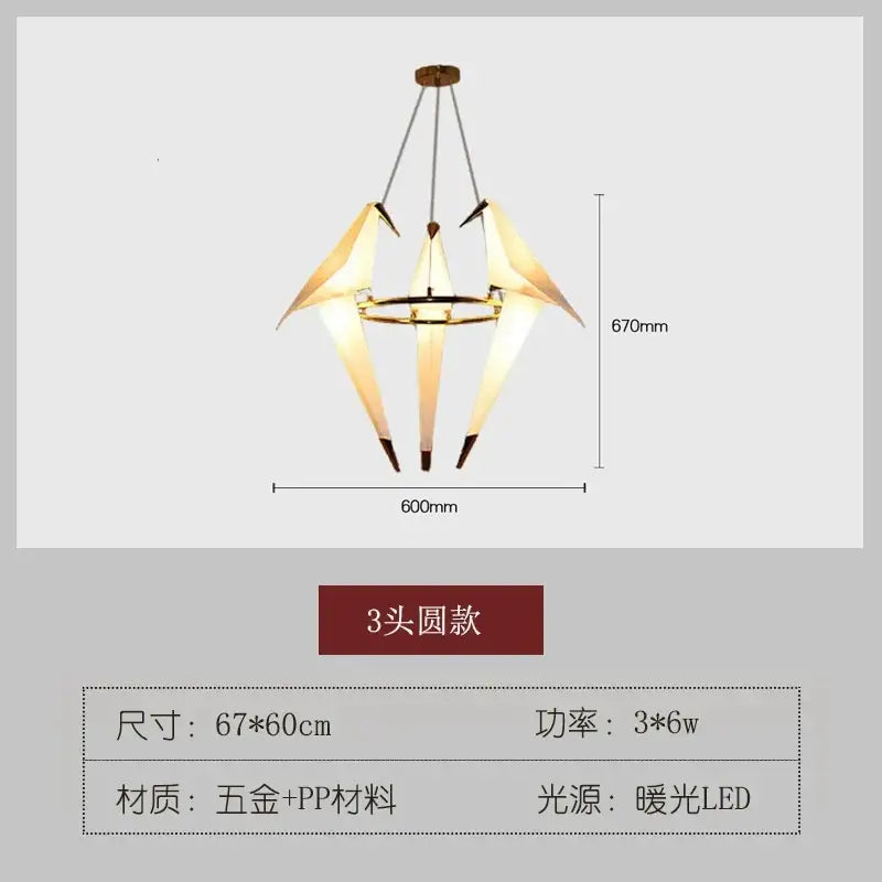 Origami crane bird design led pendant light dining room white gold
