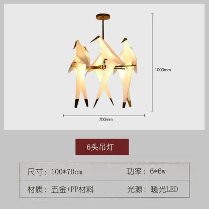 Origami crane bird design led pendant light dining room white gold