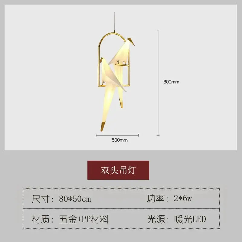 Origami crane bird design led pendant light dining room white gold