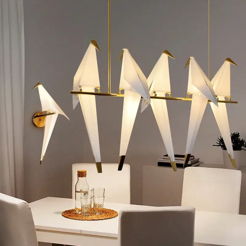 Origami crane bird design led pendant light dining room white gold