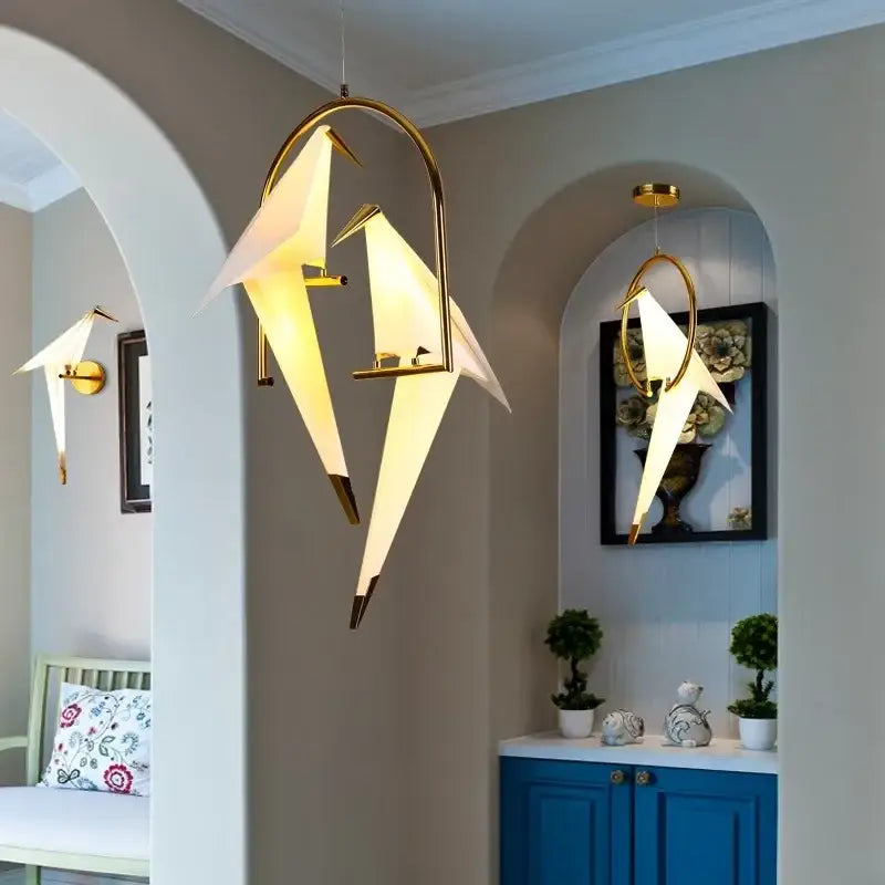 Origami white & gold crane chandelier iron led light for bedroom