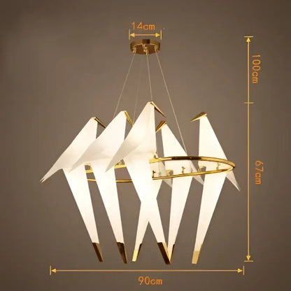 Origami white & gold crane chandelier iron led light for bedroom