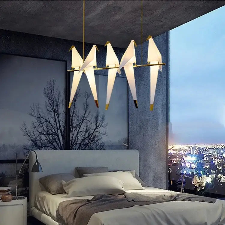Origami white & gold crane chandelier iron led light for bedroom