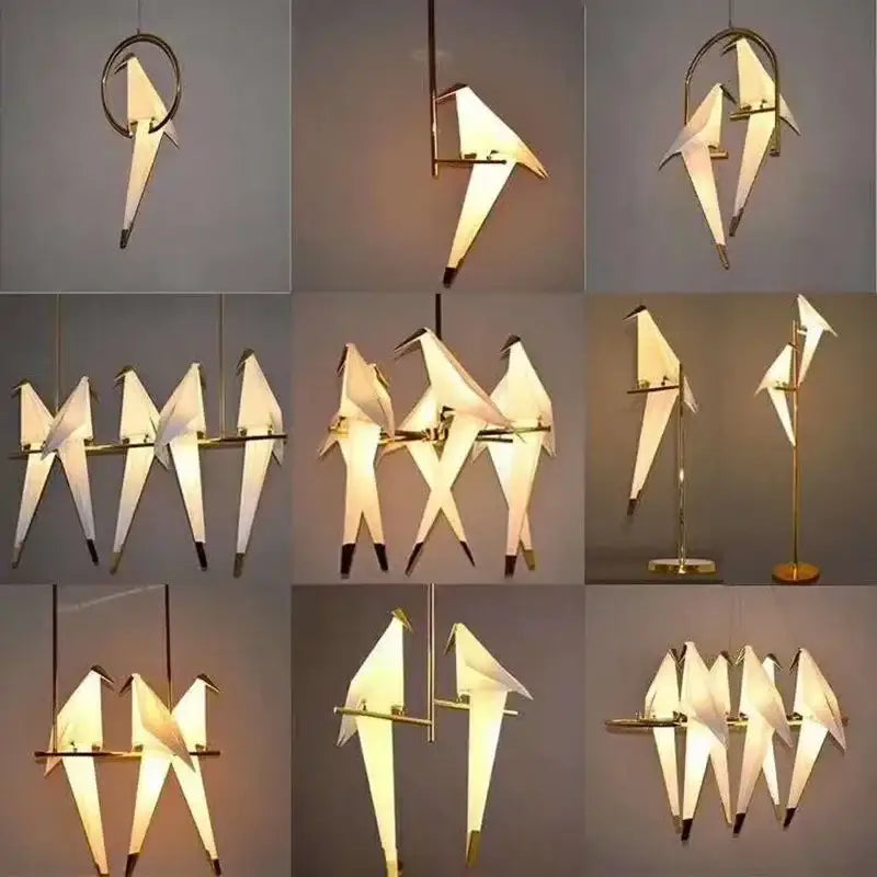Origami white & gold crane chandelier iron led light for bedroom