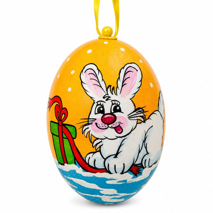 White Bunny with Gift Wooden Christmas Ornament