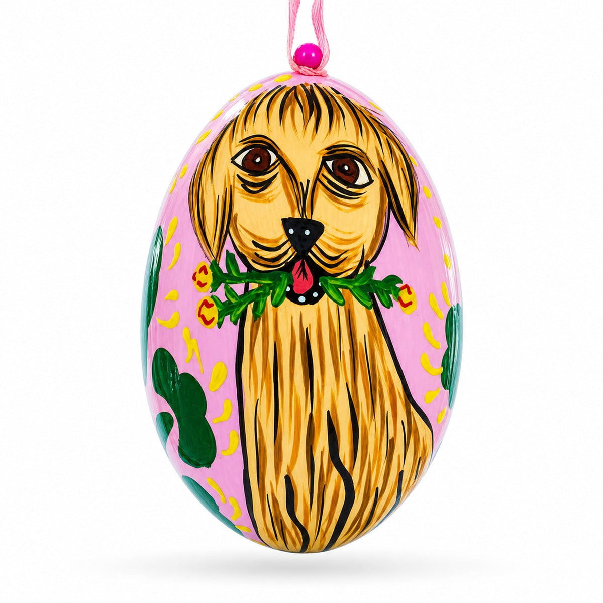 Dog with Flower Wooden Christmas Ornament 3 Inches