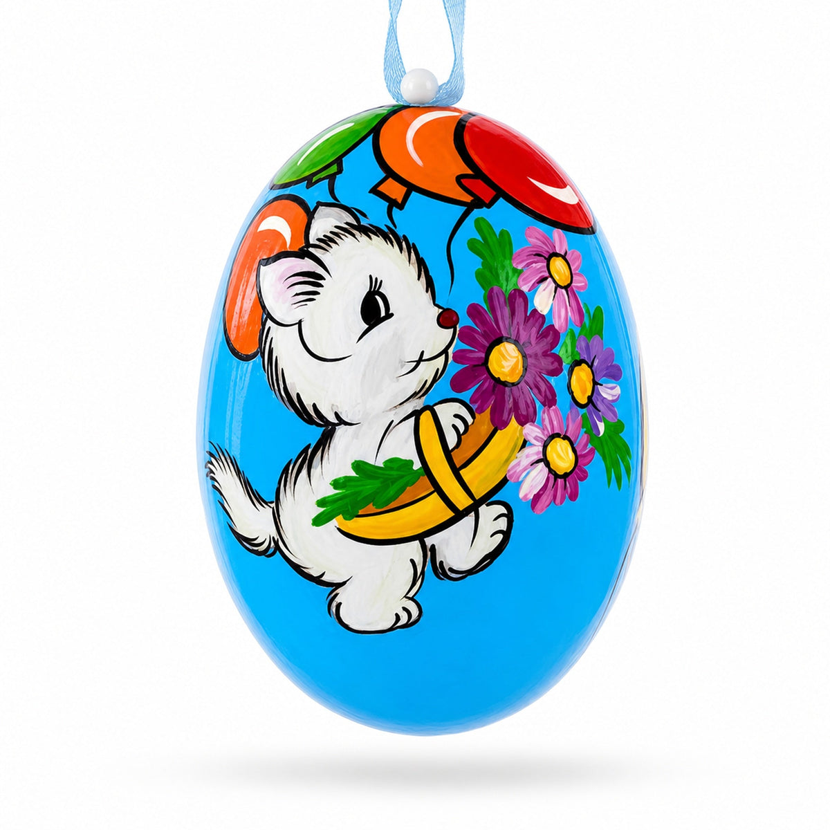 Cat with Balloon and Flowers Wooden Christmas Ornament 3 Inches
