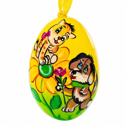 Dog and Cat with Flower Wooden Christmas Ornament 3 Inches