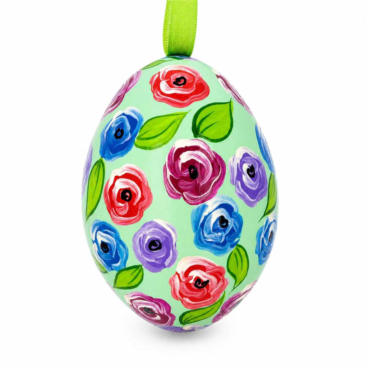 Blue, Red and Purple Flowers Wooden Egg Easter Ornament 3 Inches