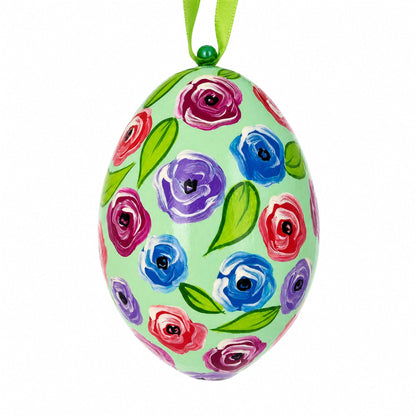 Blue, Red and Purple Flowers Wooden Egg Easter Ornament 3 Inches