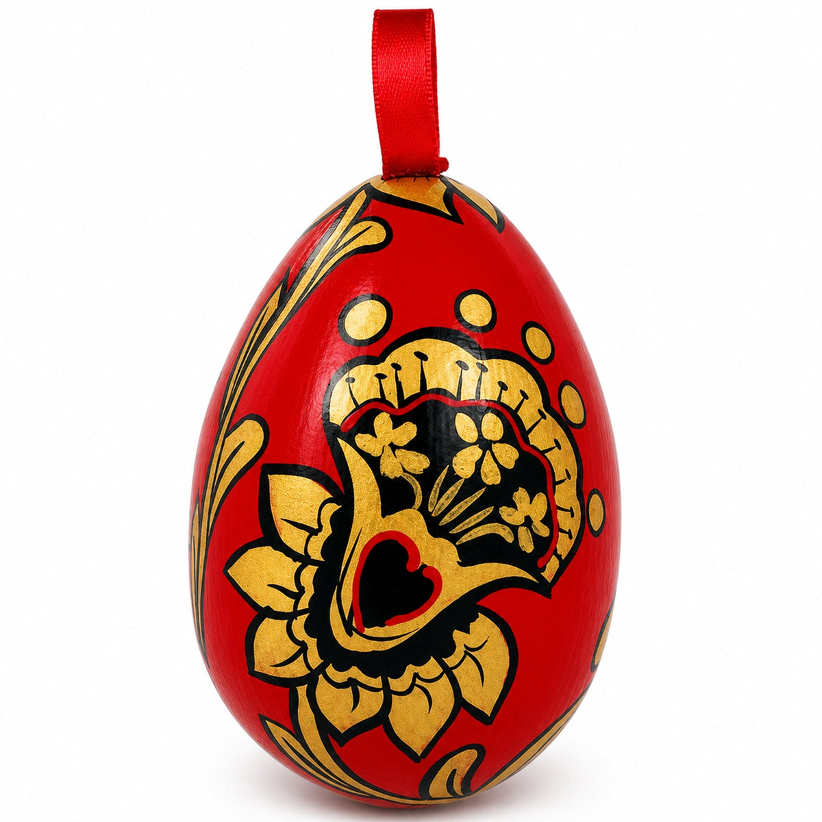 Khokhloma Golden Flowers Wooden Egg Easter Ornament 3 Inches