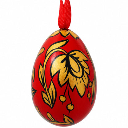 Khokhloma Golden Flowers Wooden Egg Easter Ornament 3 Inches