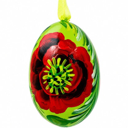Red Flowers on Green Wooden Egg Easter Ornament 3 Inches