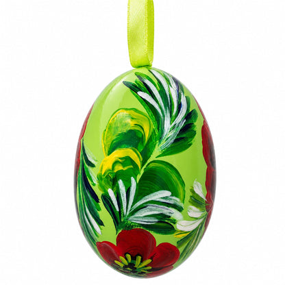 Red Flowers on Green Wooden Egg Easter Ornament 3 Inches