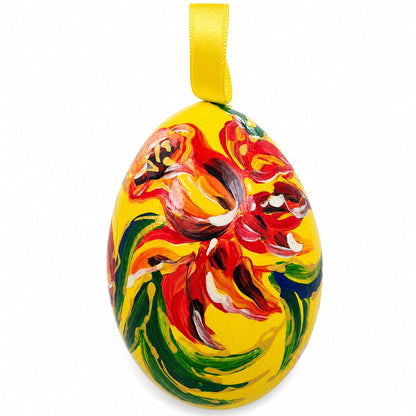 Red Flower on Yellow Wooden Egg Easter Ornament 3 Inches