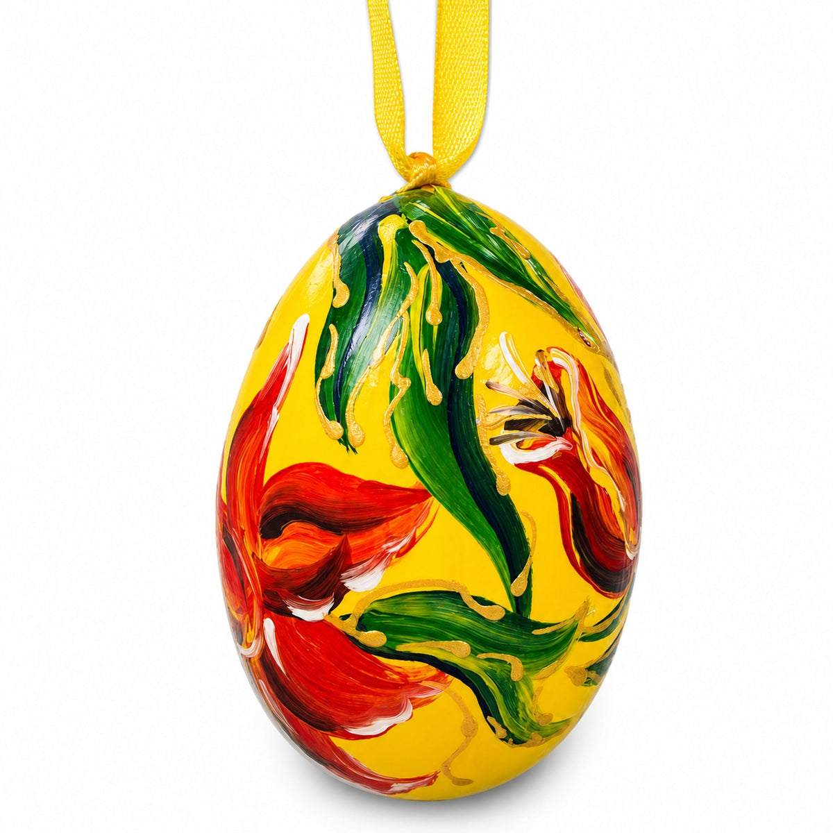 Red Flower on Yellow Wooden Egg Easter Ornament 3 Inches