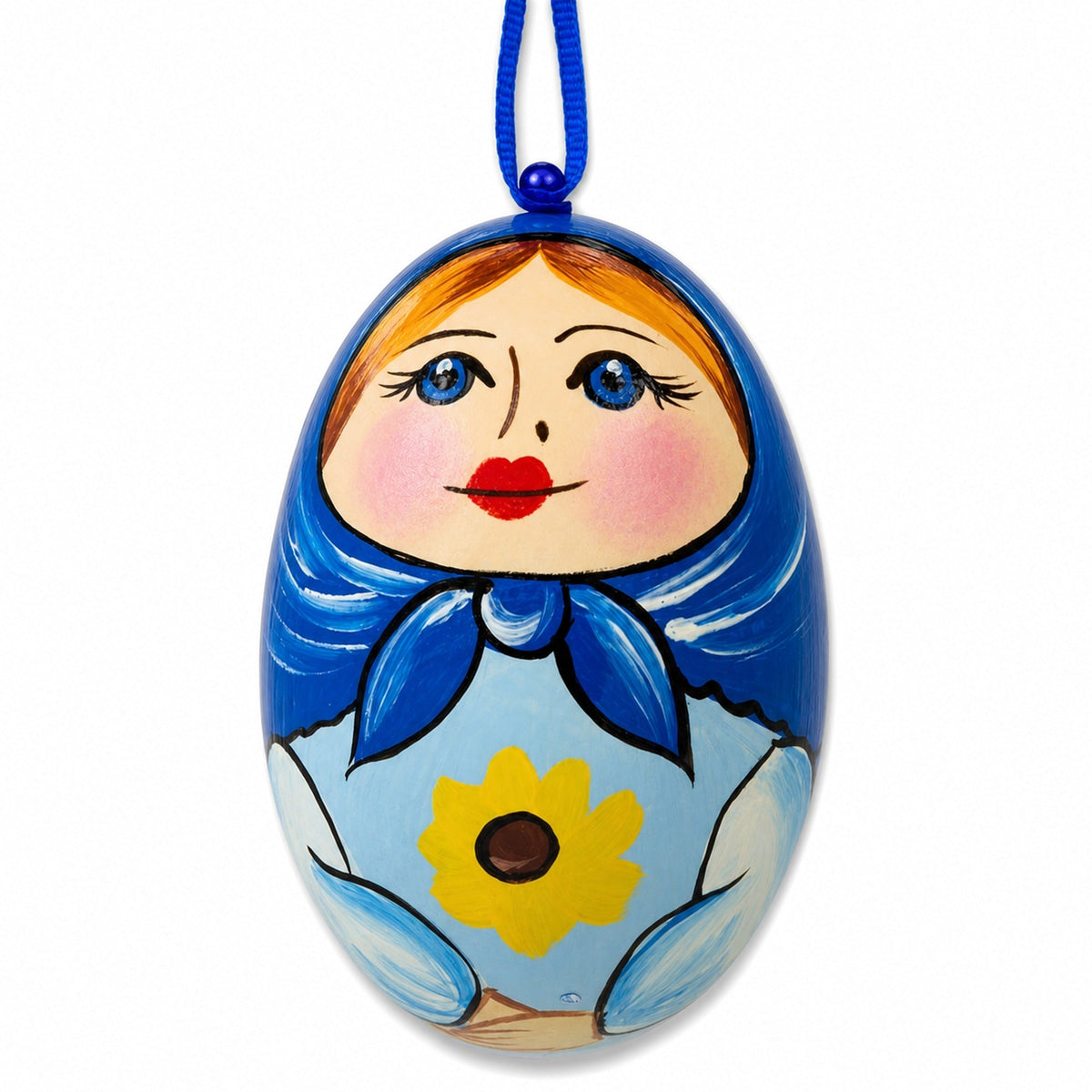 Nesting Doll  Blue Scarf Wooden Egg Ornament 3 Inches